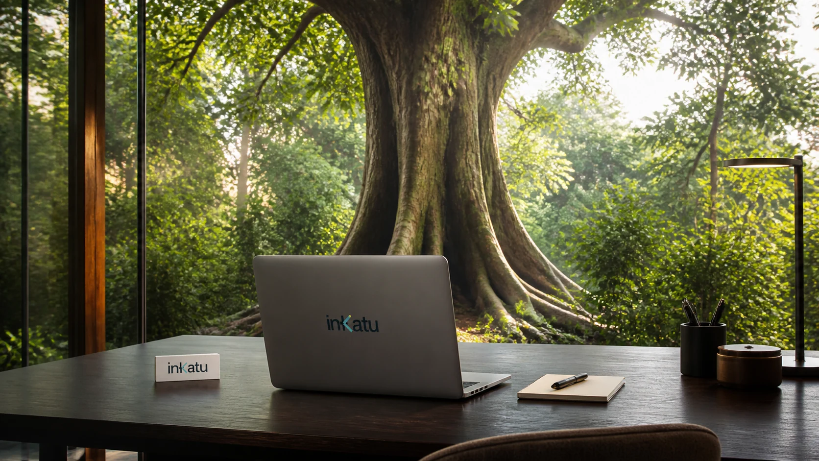 Ambiente de trabalho contemporâneo integrado à natureza e às raízes de uma grande árvore
